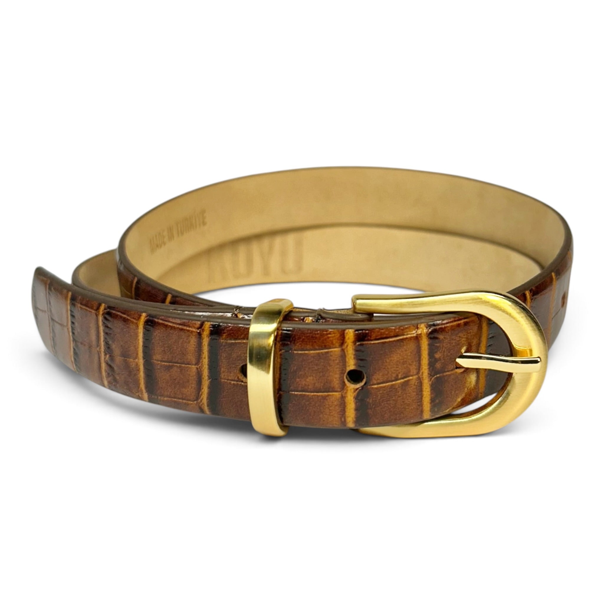 Croc Embossed Leather Belt — Tan