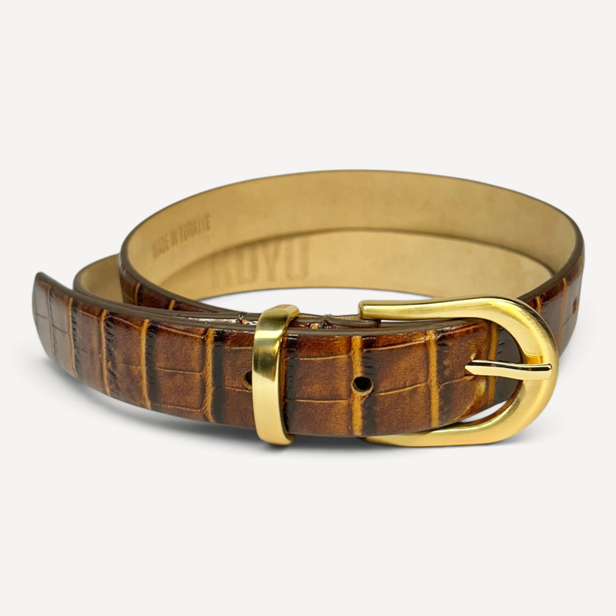 Croc Embossed Leather Belt — Tan