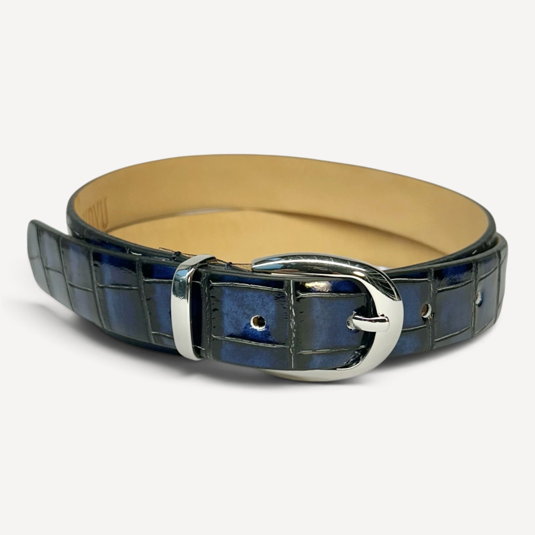 Croc Embossed Leather Belt — Navy