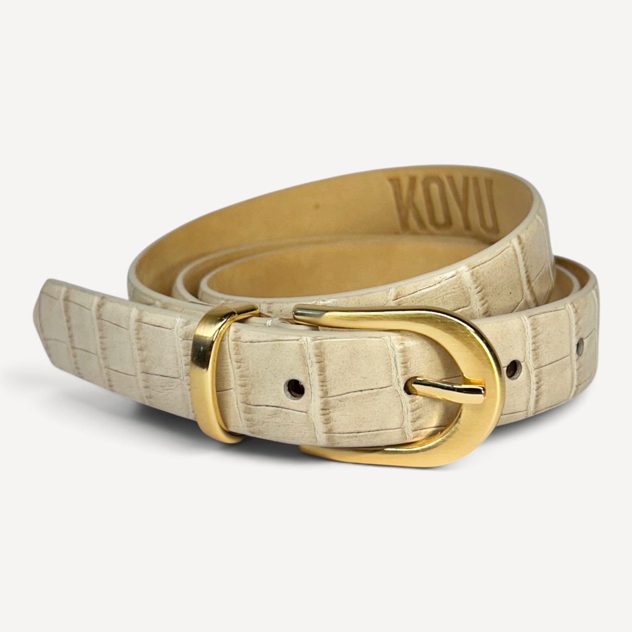 Croc Embossed Leather Belt — Beige